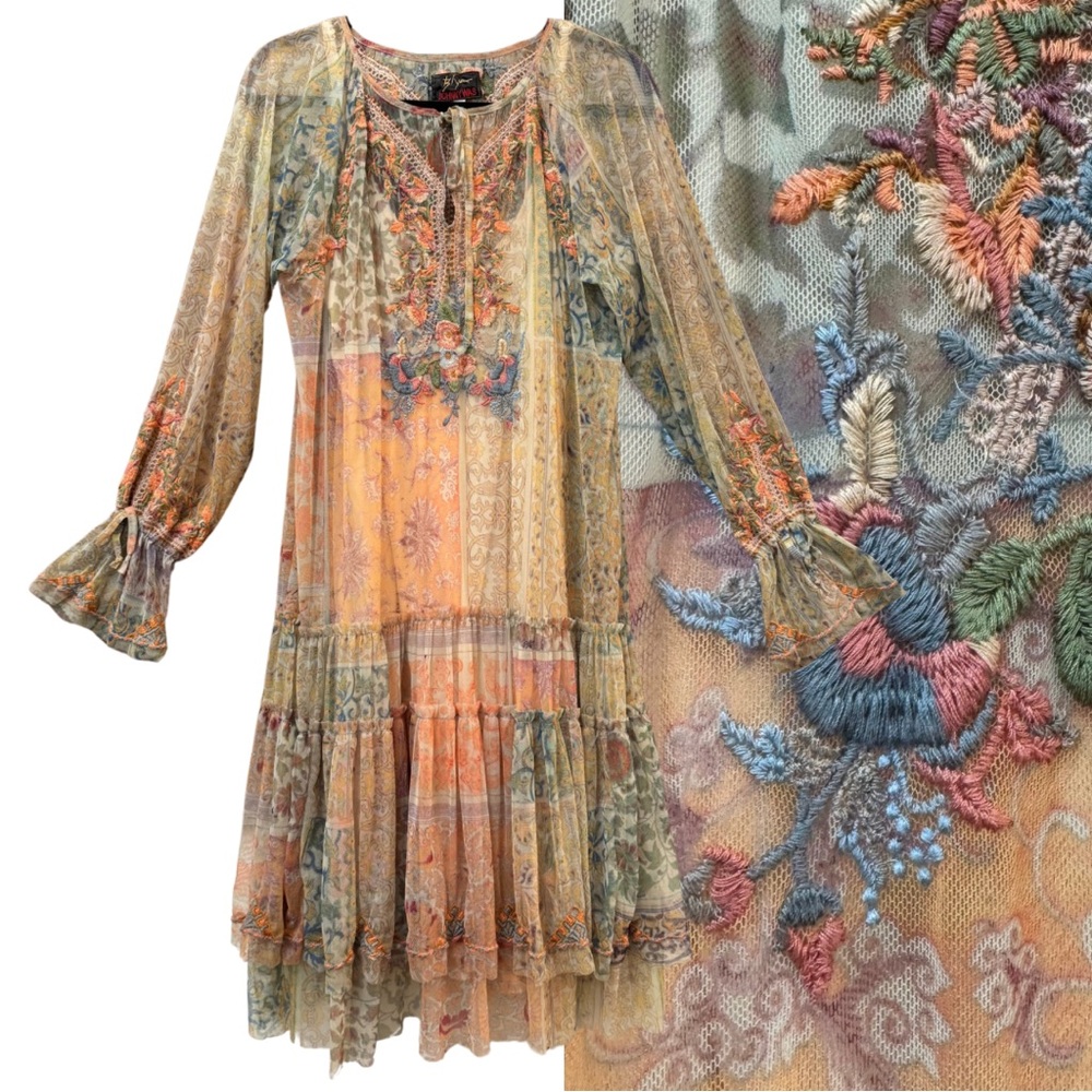 SOLD Johnny Was Biya Nkechi Mesh Shift Dress Embroidered Size Large